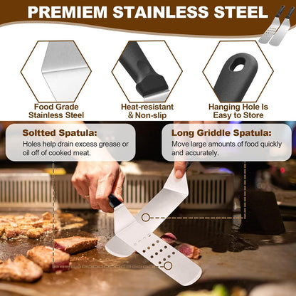 Fourteen piece stainless steel griddle accessory set laid out with carry bag