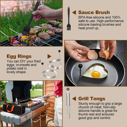 Fourteen piece stainless steel griddle accessory set laid out with carry bag
