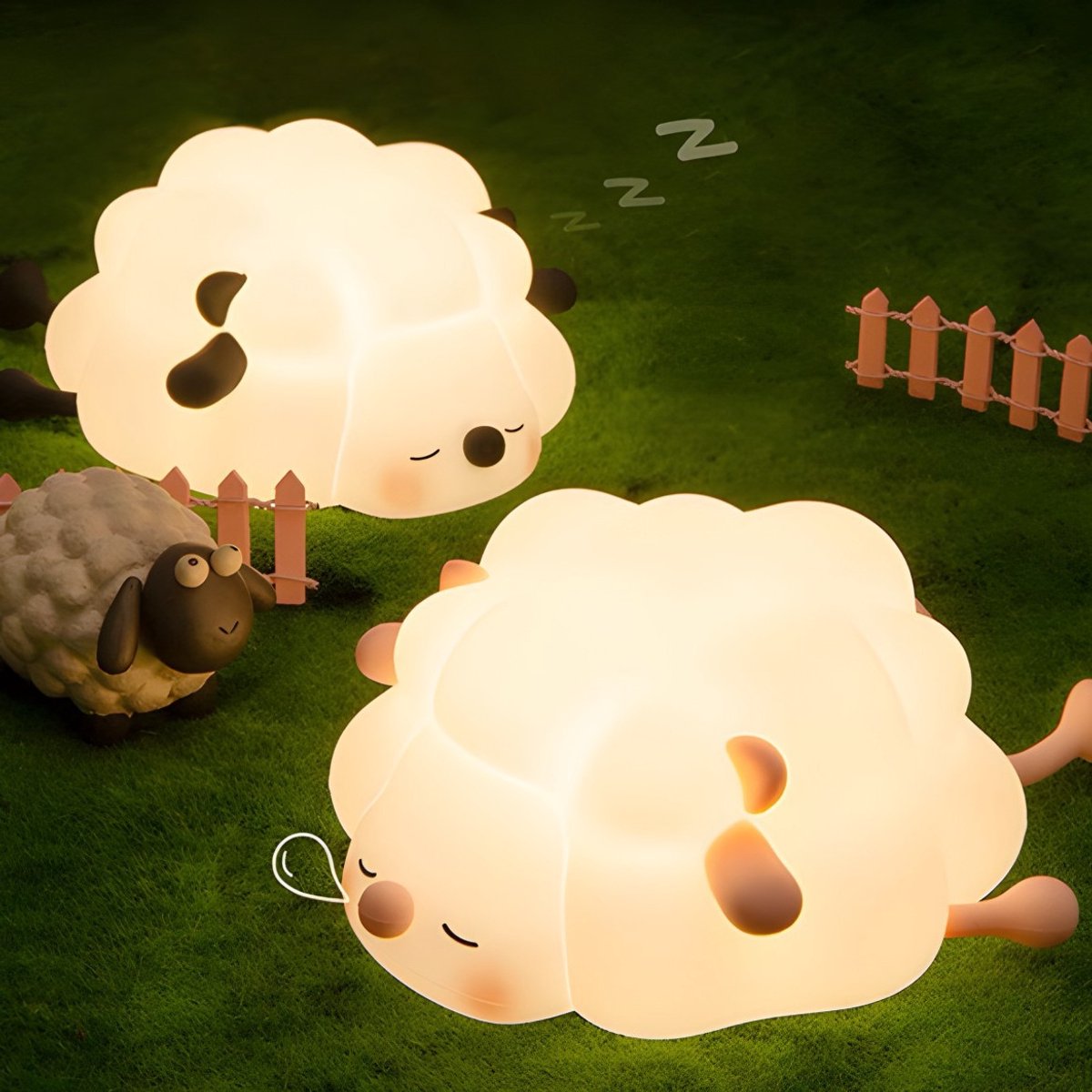 Soft rubber sheep night light glowing warm white on a bedside surface