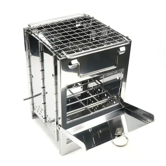 Folding stainless steel charcoal barbecue grill set up for cooking outdoors