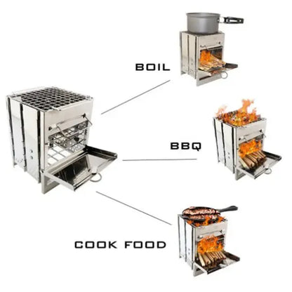 Folding stainless steel charcoal barbecue grill set up for cooking outdoors
