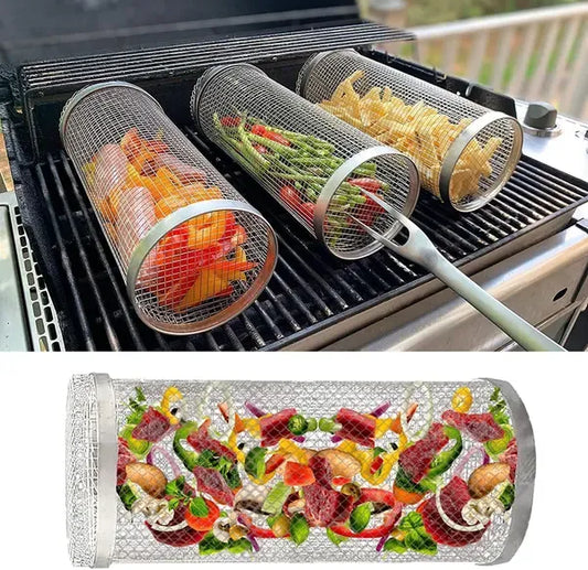 Cylindrical stainless steel mesh grill basket filled with vegetables on a barbecue