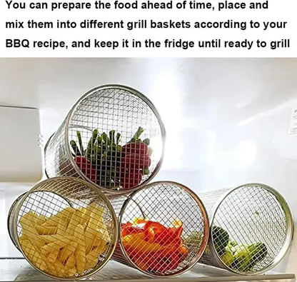 Cylindrical stainless steel mesh grill basket filled with vegetables on a barbecue