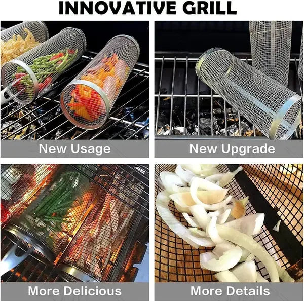 Cylindrical stainless steel mesh grill basket filled with vegetables on a barbecue