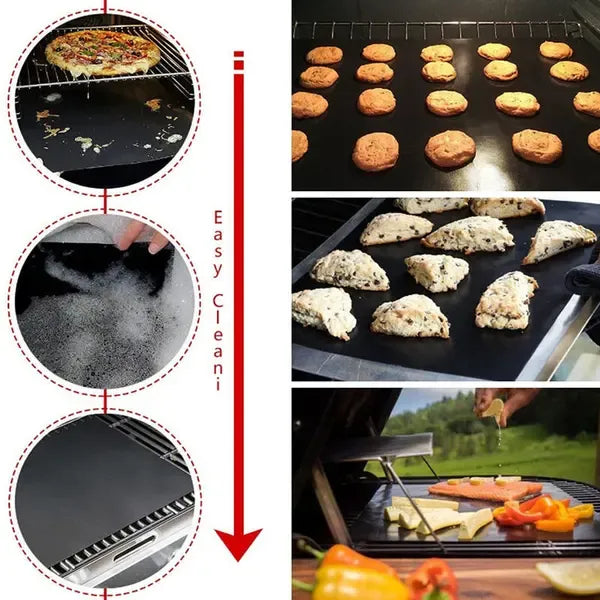 Three black non-stick barbecue grill mats with food cooking on one