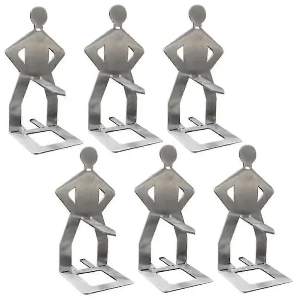 Six stainless steel standing sausage holders on a barbecue grill
