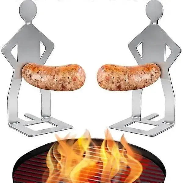 Six stainless steel standing sausage holders on a barbecue grill