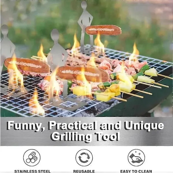 Six stainless steel standing sausage holders on a barbecue grill