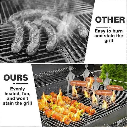 Six stainless steel standing sausage holders on a barbecue grill