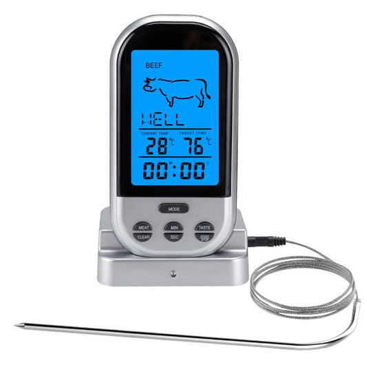 Wireless meat thermometer with LCD display and two probes beside a barbecue