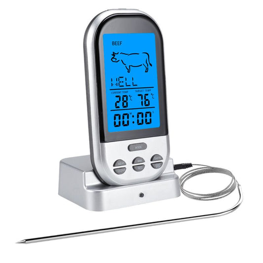 Wireless meat thermometer with LCD display and two probes beside a barbecue