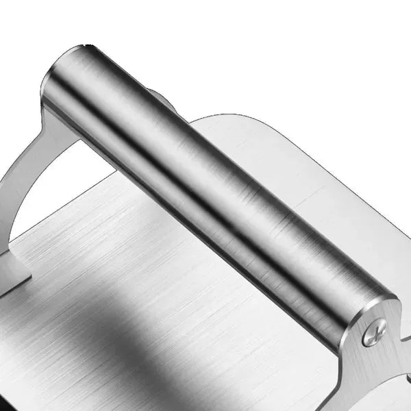 Square stainless steel burger press with round handle on a hot flat top