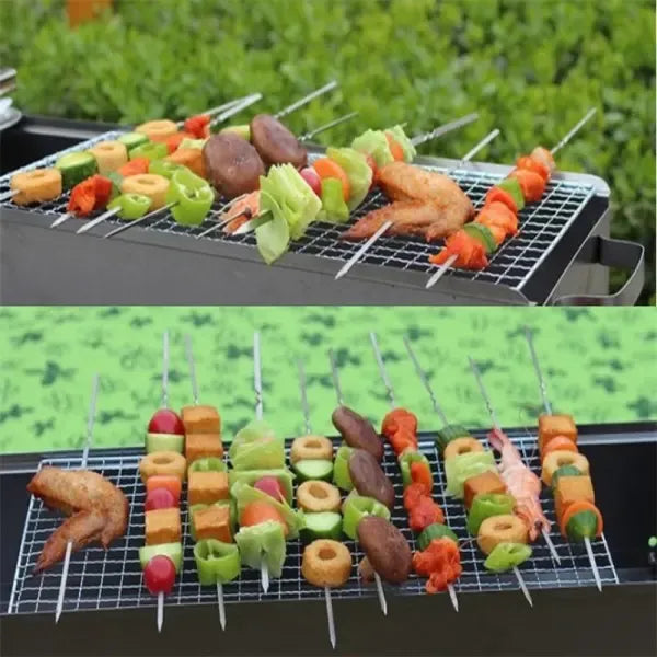 Ten flat-bladed stainless steel barbecue skewers laid out in a row