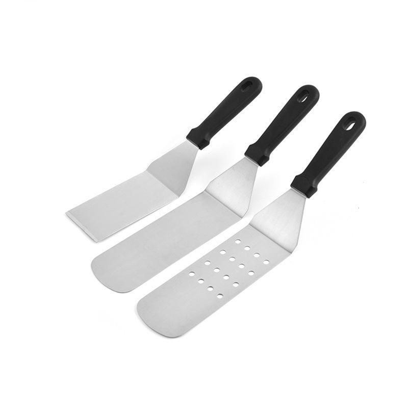 Six piece stainless steel griddle tool set with spatulas and squeeze bottles