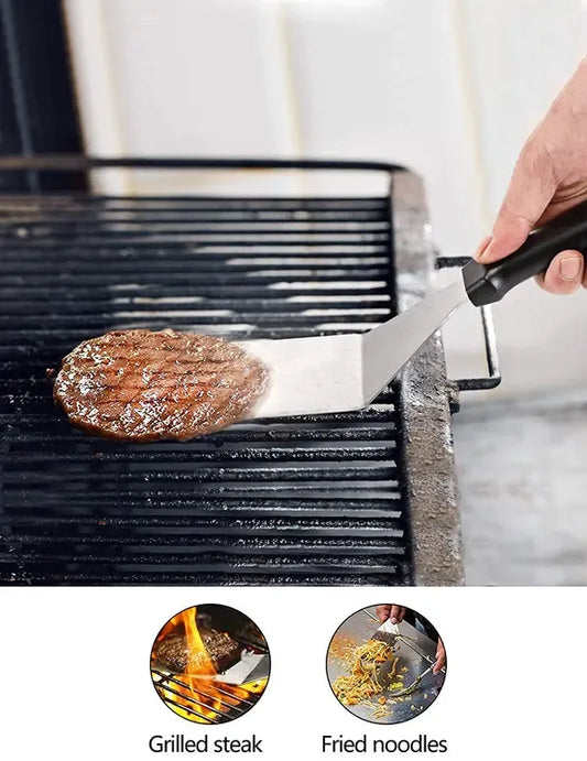 Six piece stainless steel griddle tool set with spatulas and squeeze bottles