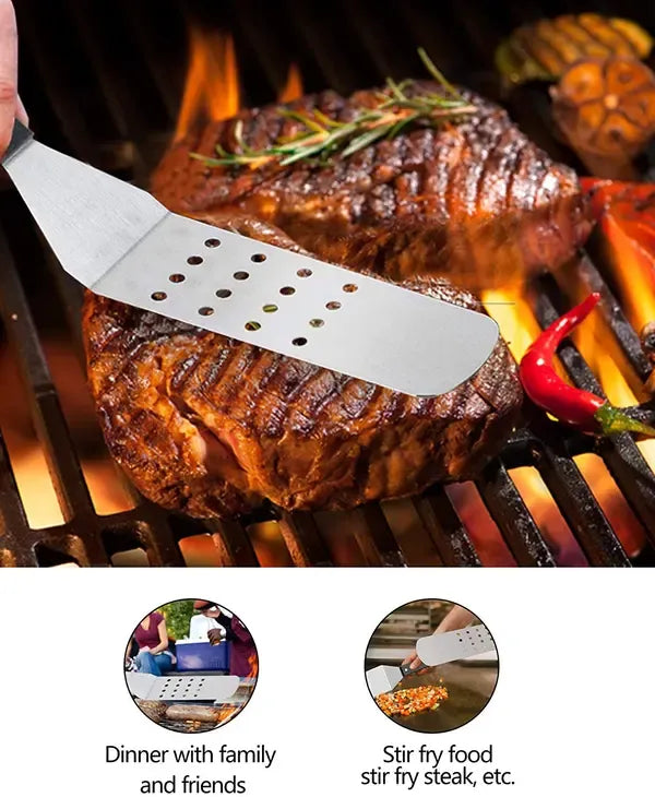 Six piece stainless steel griddle tool set with spatulas and squeeze bottles