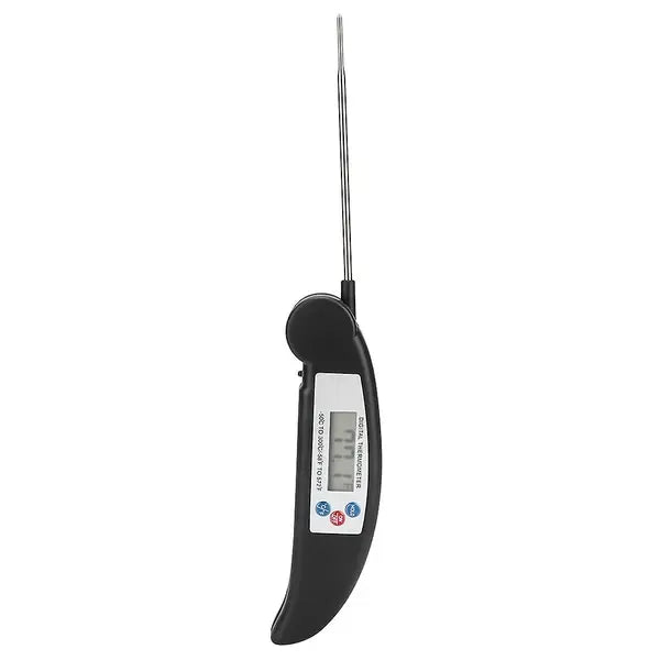 Black folding digital food thermometer with LCD display and steel probe