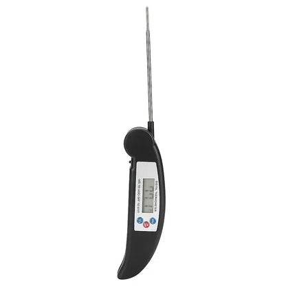 Black folding digital food thermometer with LCD display and steel probe