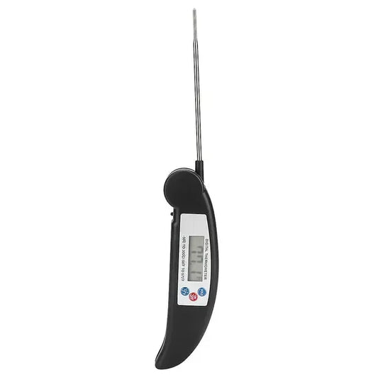 Black folding digital food thermometer with LCD display and steel probe
