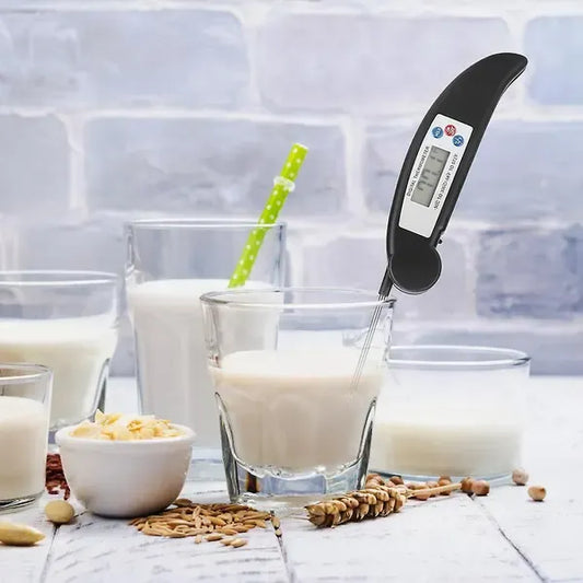 Black folding digital food thermometer with LCD display and steel probe