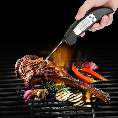 Black folding digital food thermometer with LCD display and steel probe