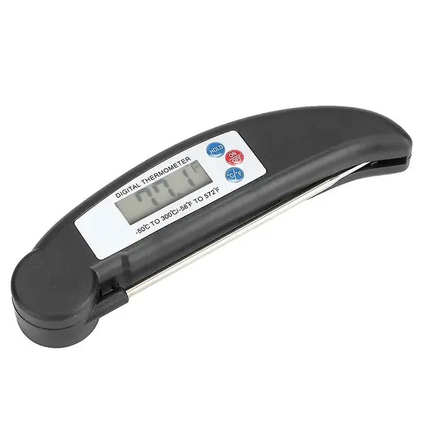 Black folding digital food thermometer with LCD display and steel probe