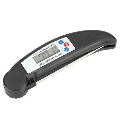 Black folding digital food thermometer with LCD display and steel probe
