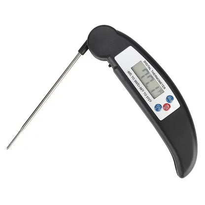 Black folding digital food thermometer with LCD display and steel probe