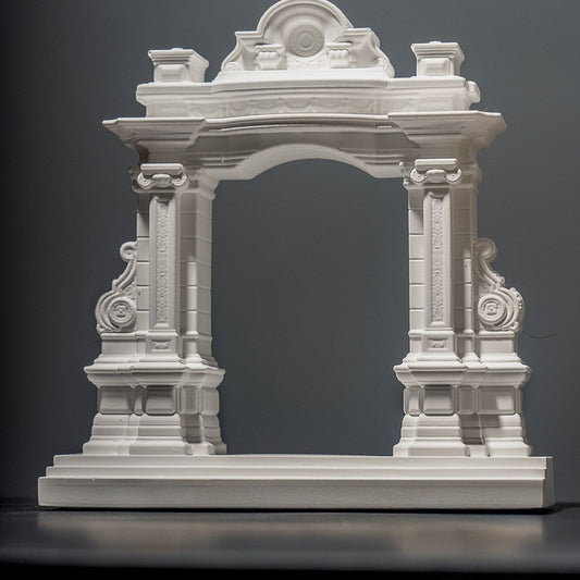 Handcrafted white miniature Roman arch model with columns and decorative mouldings