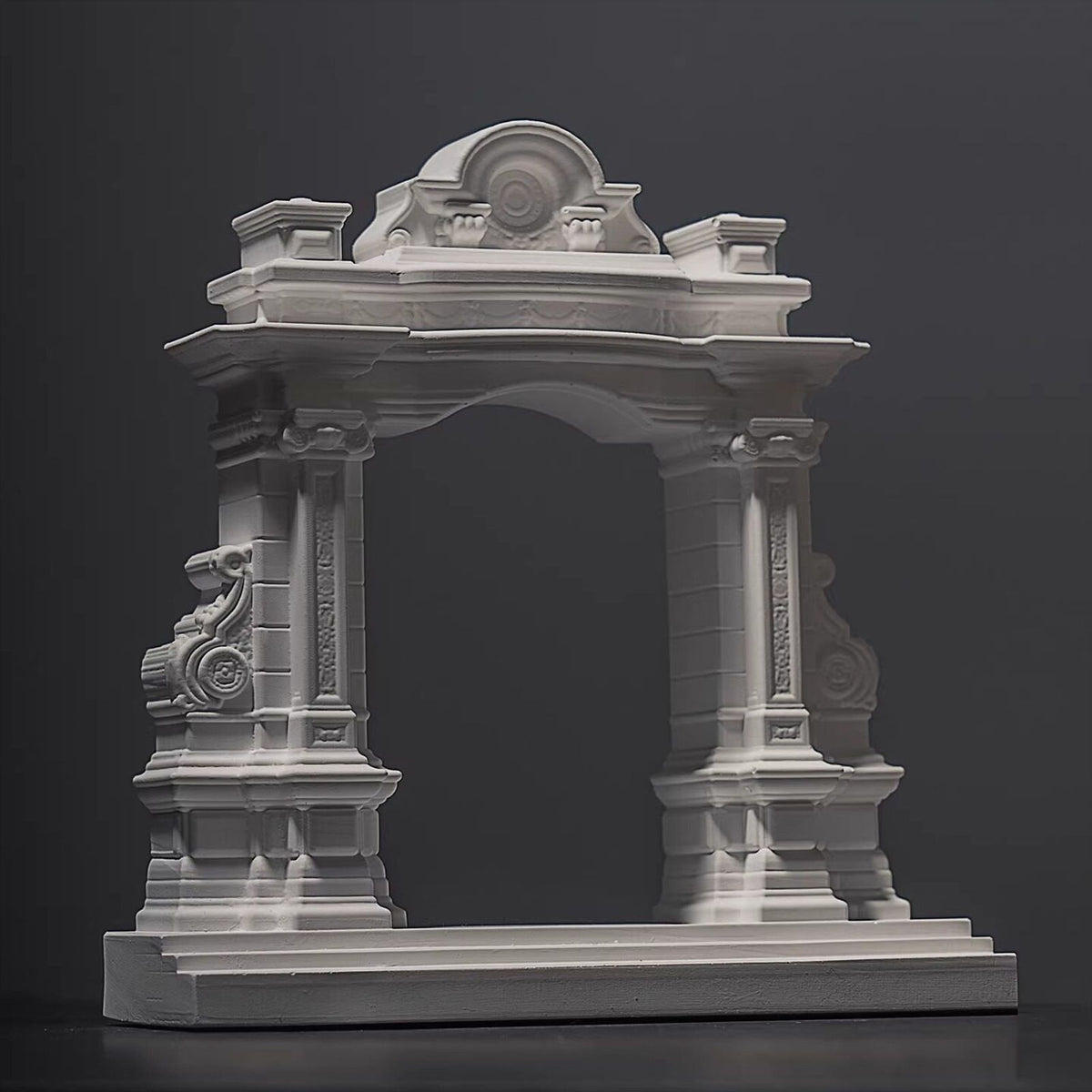 Handcrafted white miniature Roman arch model with columns and decorative mouldings