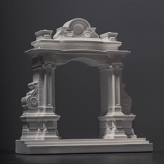 Handcrafted white miniature Roman arch model with columns and decorative mouldings