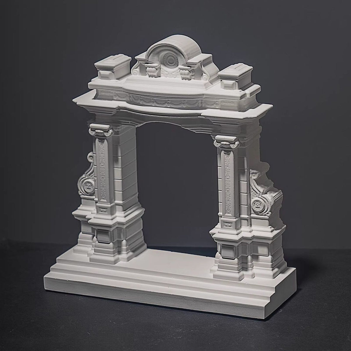 Handcrafted white miniature Roman arch model with columns and decorative mouldings