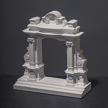 Handcrafted white miniature Roman arch model with columns and decorative mouldings