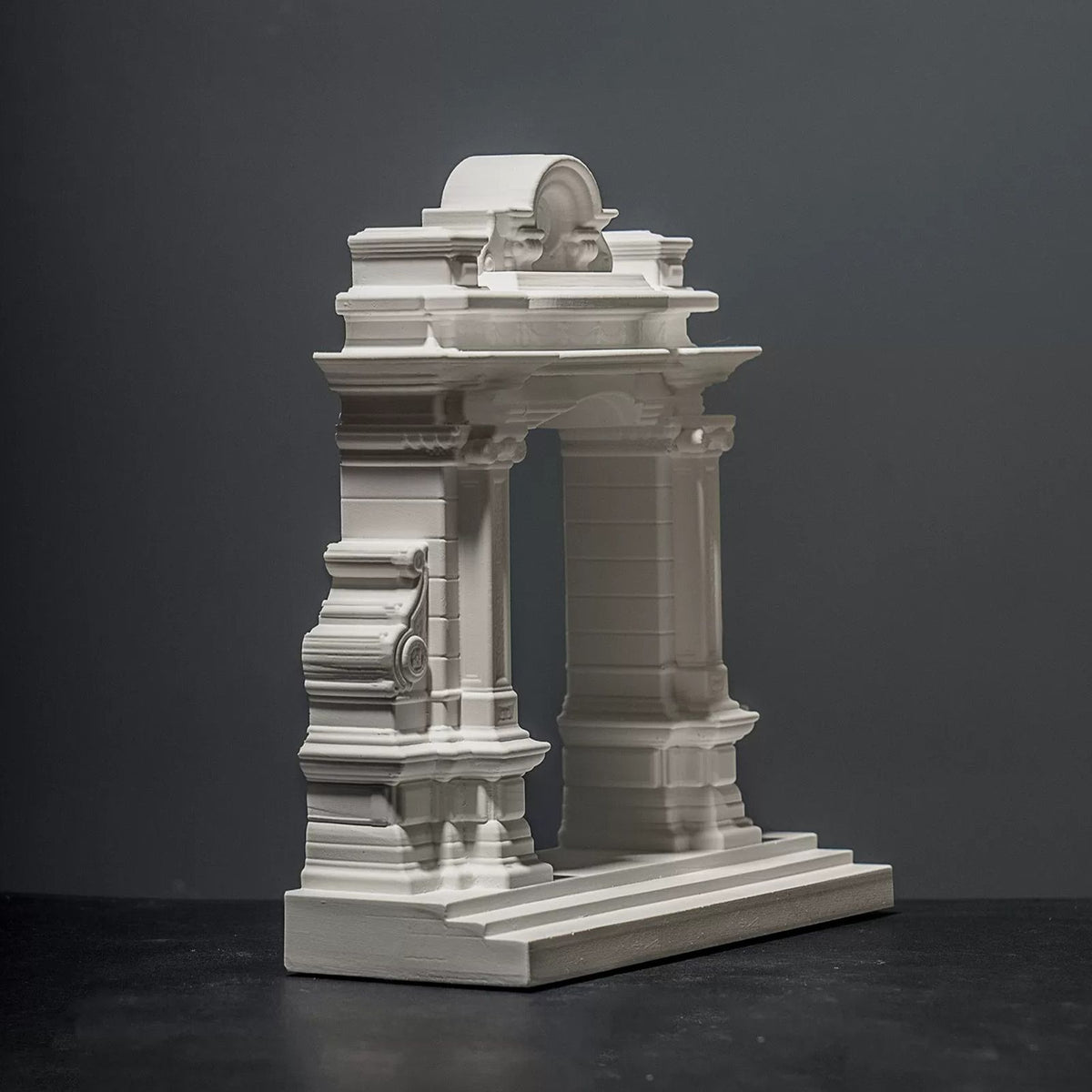 Handcrafted white miniature Roman arch model with columns and decorative mouldings