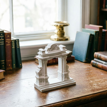 Handcrafted white miniature Roman arch model with columns and decorative mouldings