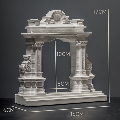 Handcrafted white miniature Roman arch model with columns and decorative mouldings