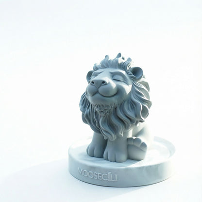 Matte white smiling lion gypsum statue with closed eyes