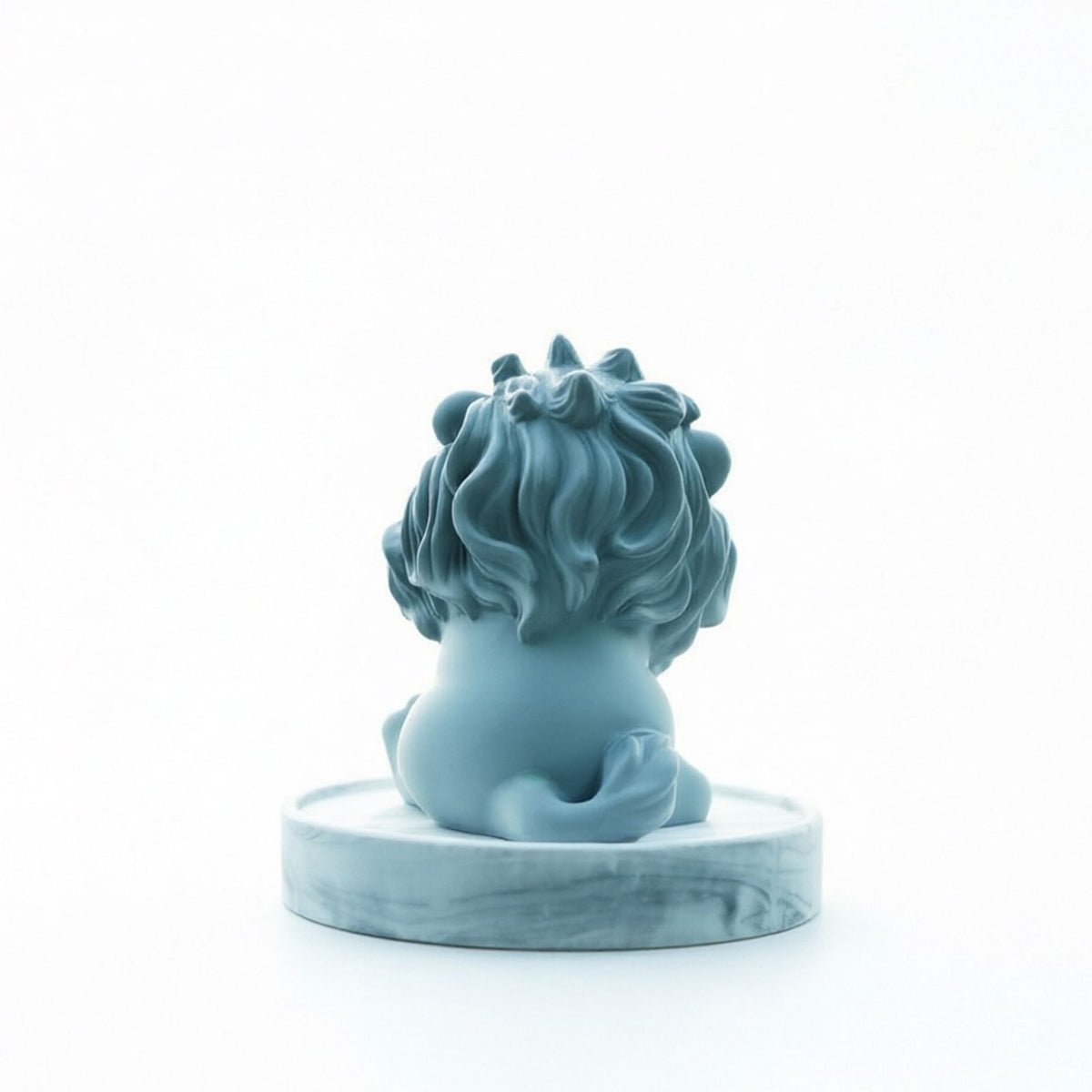 Matte white smiling lion gypsum statue with closed eyes