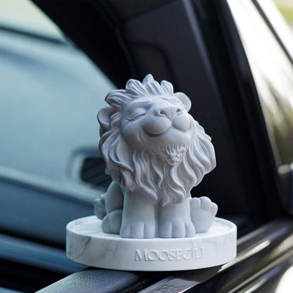Matte white smiling lion gypsum statue with closed eyes