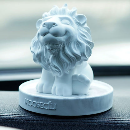 Matte white smiling lion gypsum statue with closed eyes