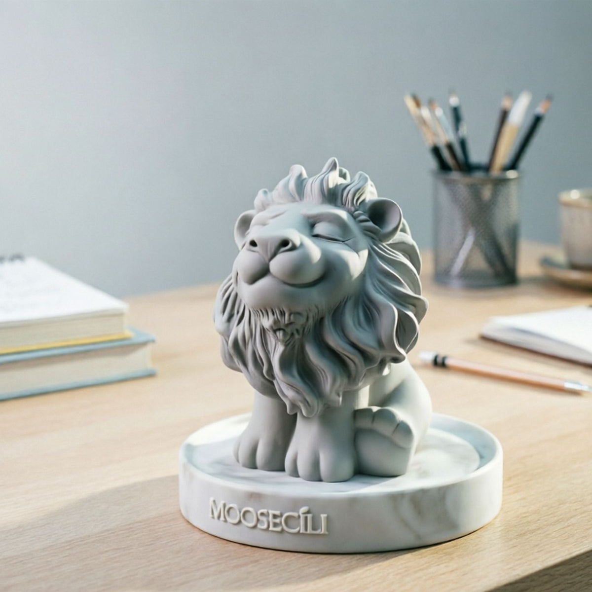 Matte white smiling lion gypsum statue with closed eyes