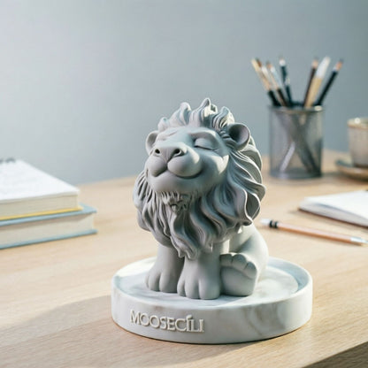 Matte white smiling lion gypsum statue with closed eyes