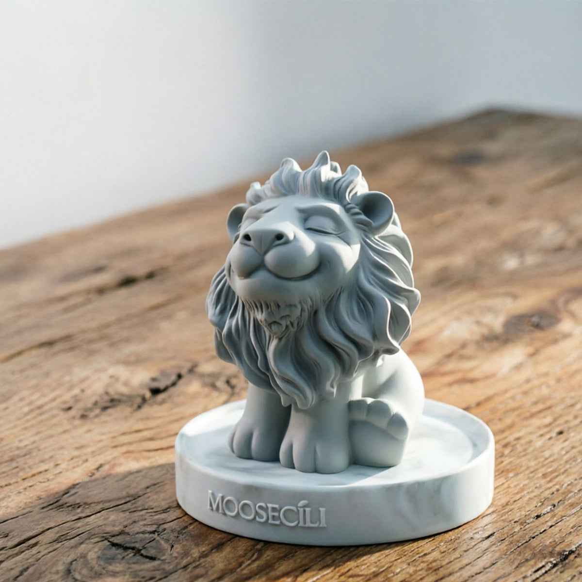 Matte white smiling lion gypsum statue with closed eyes