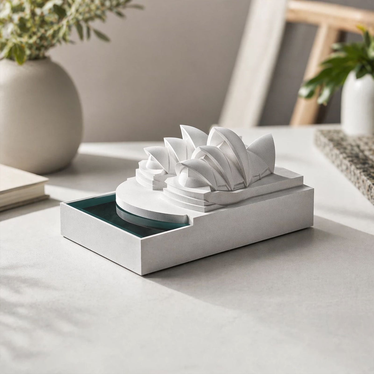 Concrete Sydney Opera House model in a minimalist grey-white finish