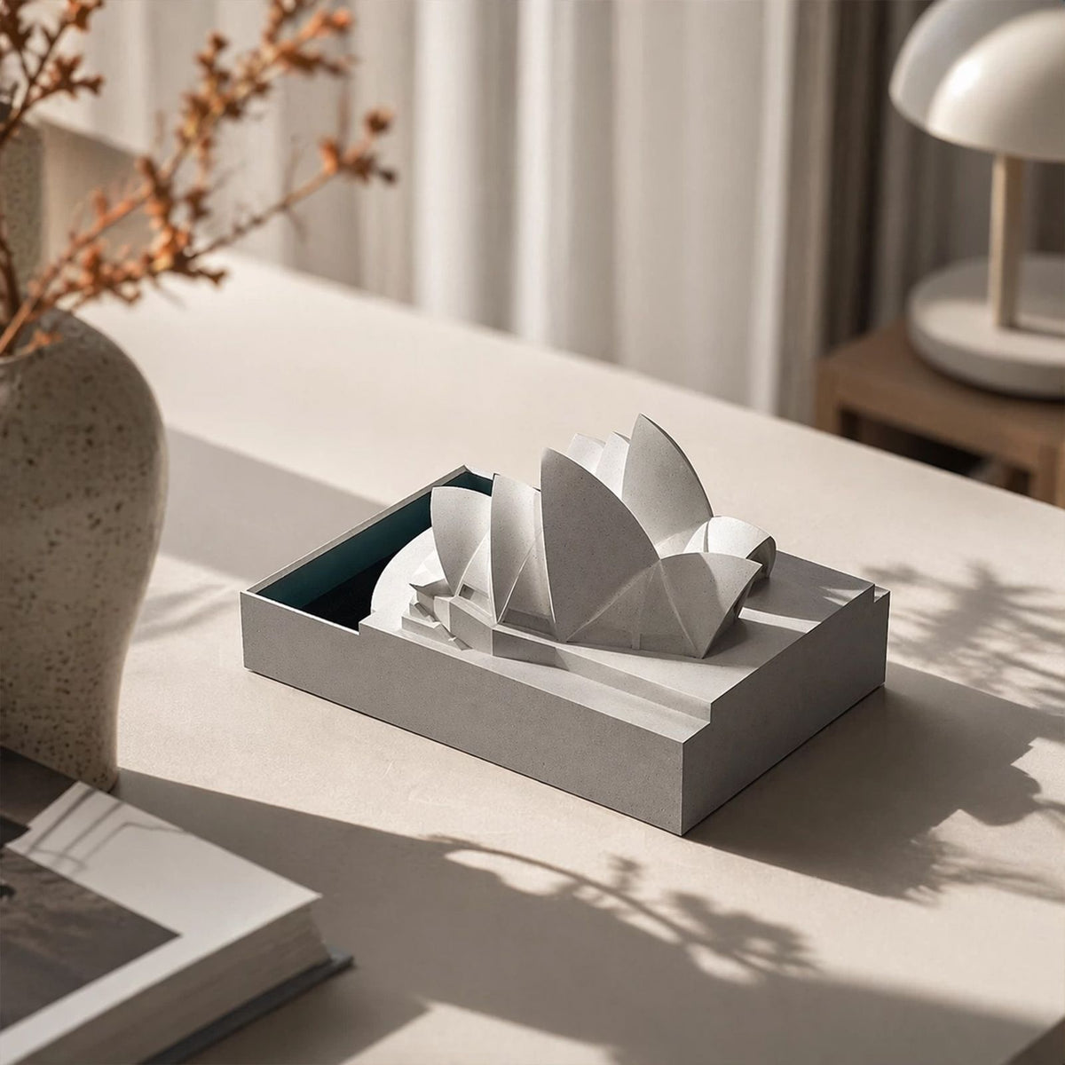 Concrete Sydney Opera House model in a minimalist grey-white finish