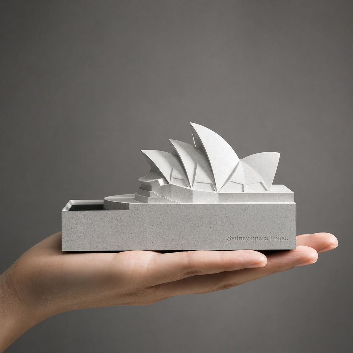 Concrete Sydney Opera House model in a minimalist grey-white finish