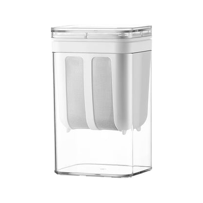 Stainless steel mesh yogurt strainer with clear container on a kitchen bench