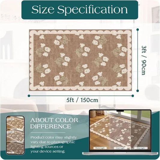 Beige and taupe floral patterned rectangular door mat with scalloped border