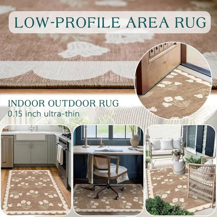 Beige and taupe floral patterned rectangular door mat with scalloped border