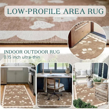 Beige and taupe floral patterned rectangular door mat with scalloped border